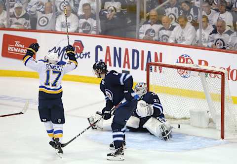 WINNIPEG, MANITOBA – APRIL 18: Jaden Schwartz #17 of the St. Louis Blues celebrates his game-winning goal against the Winnipeg Jets in Game Five of the Western Conference First Round during the 2019 NHL Stanley Cup Playoffs at Bell MTS Place on April 18, 2019 in Winnipeg, Manitoba, Canada. (Photo by Jason Halstead/Getty Images)