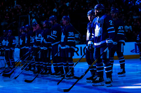 TORONTO, ON – JANUARY 18: Timothy Liljegren #37 and Adam Brooks #77 of the Toronto Maple Leafs stand in player introductions before playing the Chicago Blackhawks at the Scotiabank Arena on January 18, 2020 in Toronto, Ontario, Canada. (Photo by Mark Blinch/NHLI via Getty Images)