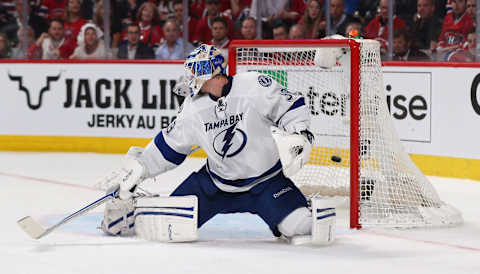 MONTREAL, QC – APRIL 22: The puck hits the back of the net behind Anders Lindback #39 of the Tampa Bay Lightning on a second-period goal by Brendan Gallagher of the Montreal Canadiens in Game Four of the First Round of the 2014 NHL Stanley Cup Playoffs at the Bell Centre on April 22, 2014 in Montreal, Quebec, Canada. (Photo by Andre Ringuette/Freestyle Photography/Getty Images)