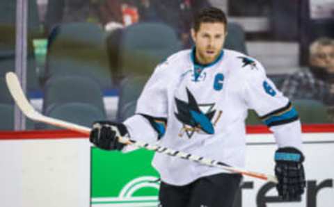 Jan 11, 2017; Calgary, Alberta, CAN; San Jose Sharks center Joe Pavelski (8) skates during the warmup period against the Calgary Flames at Scotiabank Saddledome. Mandatory Credit: Sergei Belski-USA TODAY Sports