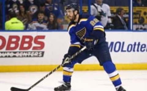 May 17, 2016; St. Louis, MO, USA; St. Louis Blues defenseman Kevin Shattenkirk (22) against the San Jose Sharks in game two of the Western Conference Final of the 2016 Stanley Cup Playoff at Scottrade Center. The Sharks won 4-0. Mandatory Credit: Aaron Doster-USA TODAY Sports