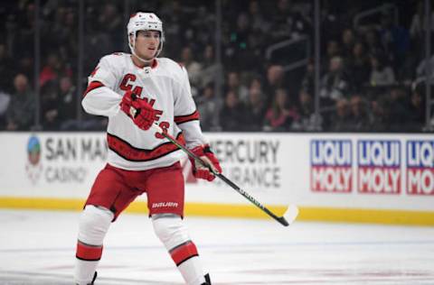 LOS ANGELES, CALIFORNIA – OCTOBER 15: Haydn Fleury #4 of the Carolina Hurricanes on defense during a 2-0 Hurricanes win over the Los Angeles Kings at Staples Center on October 15, 2019 in Los Angeles, California. (Photo by Harry How/Getty Images)