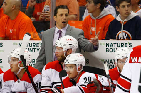 NEW YORK, NEW YORK – APRIL 26: Head Coach of the Carolina Hurricanes Rod Brind’Amour looks on from behind the bench during Game One of the Eastern Conference Second Round against the New York Islanders during the 2019 NHL Stanley Cup Playoffs at Barclays Center on April 26, 2019 in New York City. (Photo by Mike Stobe/NHLI via Getty Images)