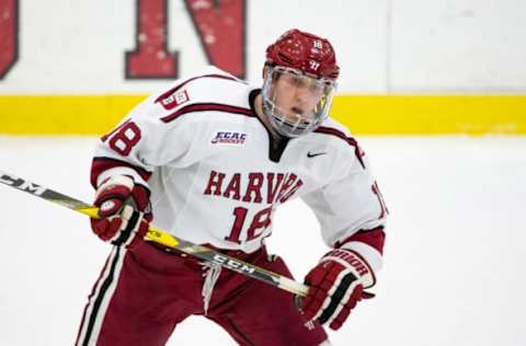 BOSTON, MA – JANUARY 8: Adam Fox #18 of the Harvard Crimson skates against the Boston University Terriers during NCAA hockey at The Bright-Landry Hockey Center on January 8, 2019 in Boston, Massachusetts. The game ended in a 2-2 tie. (Photo by Richard T Gagnon/Getty Images)