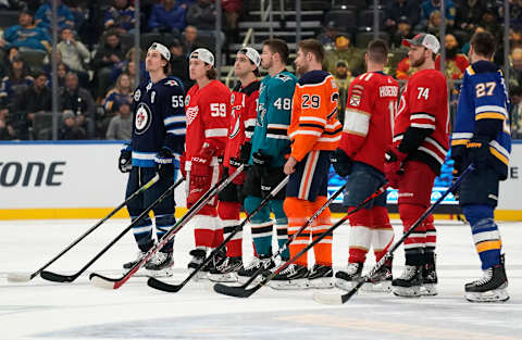 ST LOUIS, MISSOURI – JANUARY 24: Mark Scheifele #55 of the Winnipeg Jets, Tyler Bertuzzi #59 of the Detroit Red Wings, Nico Hischier #13 of the New Jersey Devils, Tomas Hertl #48 of the San Jose Sharks, Leon Draisaitl #29 of the Edmonton Oilers, Jonathan Huberdeau #11 of the Florida Panthers Jaccob Slavin #74 of the Carolina Hurricanes and Alex Pietrangelo #27 of the St. Louis Blues take part in the 2020 NHL All-Star Skills competition at Enterprise Center on January 24, 2020 in St Louis, Missouri. (Photo by Patrick McDermott/NHLI via Getty Images)