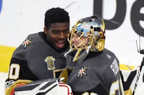 LAS VEGAS, NV – DECEMBER 14: Malcolm Subban #30 of the Vegas Golden Knights congratulates teammate Marc-Andre Fleury #29 after their 2-1 victory over the Pittsburgh Penguins at T-Mobile Arena on December 14, 2017, in Las Vegas, Nevada. (Photo by Ethan Miller/Getty Images)