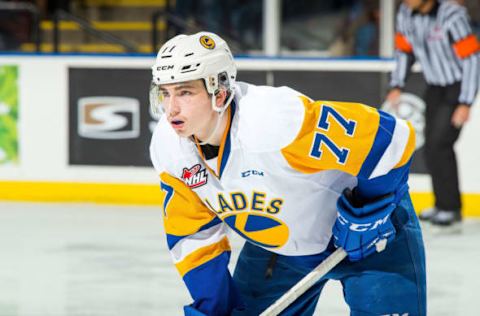 KELOWNA, BC – DECEMBER 01: Kirby Dach #77 of the Saskatoon Blades lines up against the Kelowna Rockets at Prospera Place on December 1, 2018 in Kelowna, Canada. (Photo by Marissa Baecker/Getty Images)