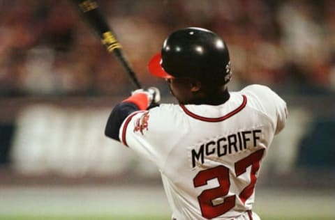 21 OCT 1995: FRED MCGRIFF OF THE ATLANTA BRAVES SWATS A HOME RUN IN THE SECOND INNING OF GAME ONE OF THE WORLD SERIES AT FULTON COUNTY STADIUM IN ATLANTA, GEORGIA. THE BRAVES WON THE GAME, 3-2. Mandatory Credit: Otto Greule/ALLSPORT