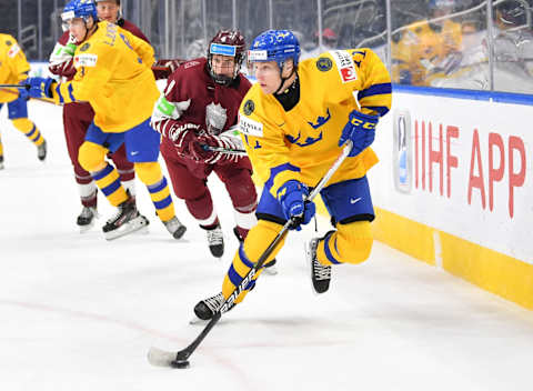 EDMONTON, AB – AUGUST 17: Fabian Lysell #11 of Sweden skates during the game against Latvia in the IIHF World Junior Championship on August 17, 2022 at Rogers Place in Edmonton, Alberta, Canada (Photo by Andy Devlin/ Getty Images)