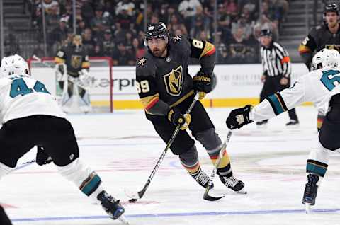 LAS VEGAS, NV – SEPTEMBER 30: Alex Tuch #89 of the Vegas Golden Knights skates against the San Jose Sharks during a preseason game at T-Mobile Arena on September 30, 2018 in Las Vegas, Nevada. (Photo by Jeff Bottari/NHLI via Getty Images)