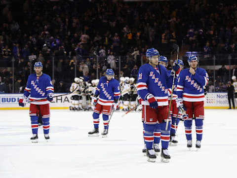 NEW YORK, NEW YORK – FEBRUARY 16: The New York Rangers leave the ice following a 3-1 loss to the Boston Bruins at Madison Square Garden on February 16, 2020 in New York City. (Photo by Bruce Bennett/Getty Images)