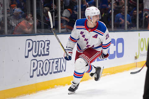 UNIONDALE, NY – JANUARY 16: New York Rangers Left Wing Chris Kreider (20) reacts to scoring the winning goal during the third period of the National Hockey League game between the New York Rangers and the New York Islanders on January 16, 2020, at the Nassau Veterans Memorial Coliseum in Uniondale, NY. (Photo by Gregory Fisher/Icon Sportswire via Getty Images)