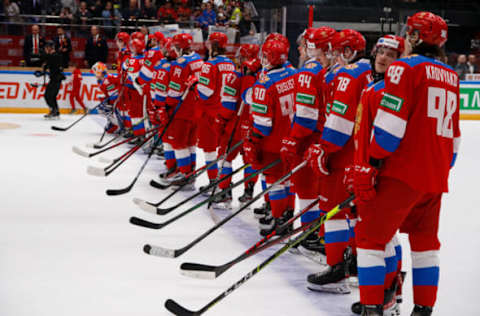 SAINT PETERSBURG, RUSSIA – 2022/05/08: Russian hockey players are seen during the Liga Stavok St. Petersburg Cup, a hockey tournament final match between Russia and Belarus at Jubilee Arena in Saint Petersburg.(Final score; Russia 3:2 Belarus). (Photo by Maksim Konstantinov/SOPA Images/LightRocket via Getty Images)