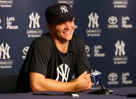 NEW YORK, NY – AUGUST 01: Sonny Gray #55 of the New York Yankees speaks to the media prior to a game against the Detroit Tigers at Yankee Stadium on August 1, 2017 in the Bronx borough of New York City. (Photo by Jim McIsaac/Getty Images)