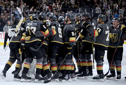 LAS VEGAS, NEVADA – NOVEMBER 29: The Vegas Golden Knights celebrate their 2-1 shootout victory over the Arizona Coyotes at T-Mobile Arena on November 29, 2019 in Las Vegas, Nevada. (Photo by Ethan Miller/Getty Images)