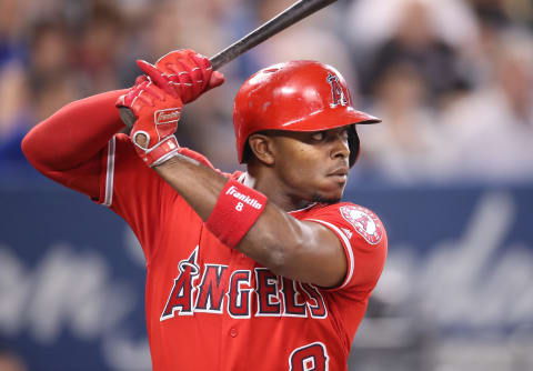 TORONTO, ON – MAY 22: Justin Upton #8 of the Los Angeles Angels of Anaheim bats in the sixth inning during MLB game action against the Toronto Blue Jays at Rogers Centre on May 22, 2018, in Toronto, Canada. (Photo by Tom Szczerbowski/Getty Images) *** Local Caption *** Justin Upton