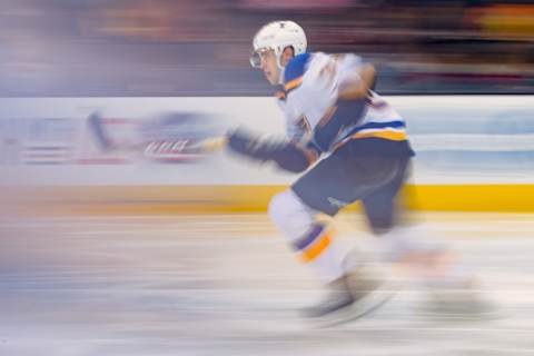 COLUMBUS, OH – SEPTEMBER 23: St. Louis Blues defenseman Mitch Reinke (39) sprints up the ice in the third period of a game between the Columbus Blue Jackets and the St. Louis Blues on September 23, 2018 at Nationwide Arena in Columbus, OH. The Blues won 5-1. (Photo by Adam Lacy/Icon Sportswire via Getty Images)