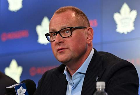 Jun 1, 2023; Toronto, Ontario, CANADA; Toronto Maple Leafs new general manager Brad Treliving is introduced at a press conference at Scotiabank Arena. Mandatory Credit: Dan Hamilton-USA TODAY Sports