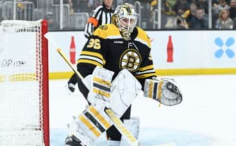 Mar 21, 2023; Boston, Massachusetts, USA; Boston Bruins goaltender Linus Ullmark (35) in goal during the second period against the Ottawa Senators at TD Garden. Mandatory Credit: Bob DeChiara-USA TODAY Sports