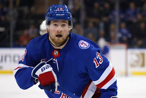 NEW YORK, NEW YORK – NOVEMBER 08: Alexis Lafreniere #13 of the New York Rangers skates against the Florida Panthers at Madison Square Garden on November 08, 2021 in New York City. The Rangers defeated the Panthers 4-3. (Photo by Bruce Bennett/Getty Images)