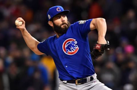 Oct 26, 2016; Cleveland, OH, USA; Chicago Cubs starting pitcher Jake Arrieta throws a pitch against the Cleveland Indians in the fifth inning in game two of the 2016 World Series at Progressive Field. Mandatory Credit: Ken Blaze-USA TODAY Sports. MLB.