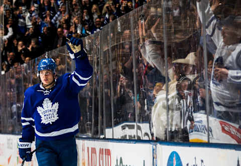 TORONTO, ON – APRIL 8: Auston Matthews #34 of the Toronto Maple Leafs reacts after scoring his 40th goal of the season while playing against the Pittsburgh Penguins during the third period at the Air Canada Centre on April 8, 2017 in Toronto, Ontario, Canada. (Photo by Mark Blinch/NHLI via Getty Images)