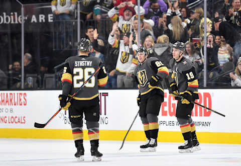 LAS VEGAS, NEVADA – DECEMBER 31: Jonathan Marchessault #81 of the Vegas Golden Knights celebrates after scoring a goal during the third period against the Anaheim Ducks at T-Mobile Arena on December 31, 2019 in Las Vegas, Nevada. (Photo by Jeff Bottari/NHLI via Getty Images)