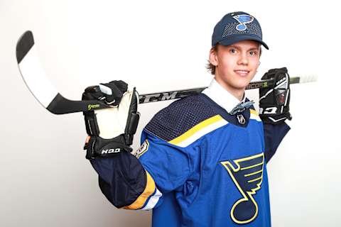 DALLAS, TX – JUNE 22: Dominik Bokk poses after being selected twenty-fifth overall by the St. Louis Blues during the first round of the 2018 NHL Draft at American Airlines Center on June 22, 2018 in Dallas, Texas. (Photo by Tom Pennington/Getty Images)