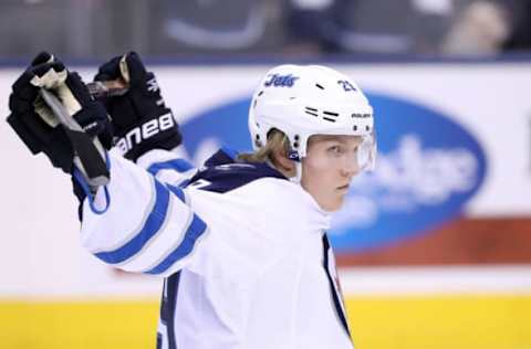 Feb 21, 2017; Toronto, Ontario, CAN; Winnipeg Jets right wing Patrik Laine (29) warms up before playing against the Toronto Maple Leafs at Air Canada Centre. Mandatory Credit: Tom Szczerbowski-USA TODAY Sports