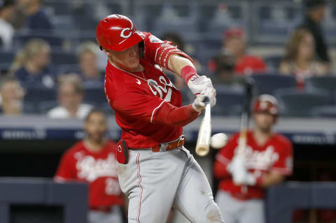 NEW YORK, NEW YORK – JULY 12: Tyler Stephenson #37 of the Cincinnati Reds singles in the seventh inning against the New York Yankees at Yankee Stadium on July 12, 2022 in New York City. (Photo by Jim McIsaac/Getty Images)