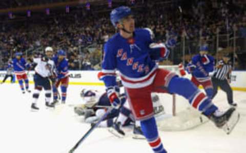 NEW YORK, NEW YORK – MARCH 28: Filip Chytil #72 of the New York Rangers celebrates his first-period goal against the Columbus Blue Jackets at Madison Square Garden on March 28, 2023, in New York City. The Rangers defeated the Blue Jackets 6-2. (Photo by Bruce Bennett/Getty Images)