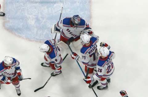 SUNRISE, FL – MARCH 25: Teammates congratulate Goaltender Jaroslav Halak #41 of the New York Rangers after the 4-3 win against the Florida Panthers at the FLA Live Arena on March 25, 2023, in Sunrise, Florida. (Photo by Joel Auerbach/Getty Images)