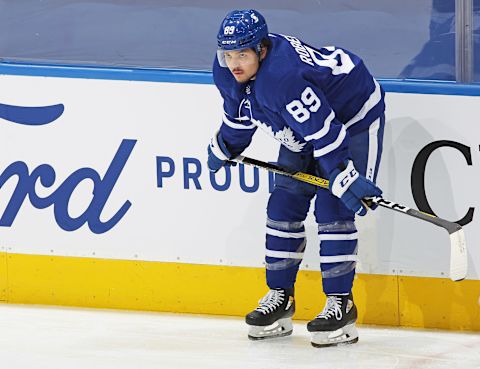 TORONTO, ON – APRIL 13: Nick Robertson #89 of the Toronto Maple Leafs warms up prior to playing against the Calgary Flames  (Photo by Claus Andersen/Getty Images)