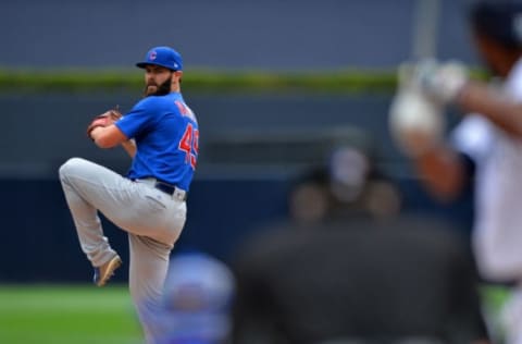 May 31, 2017; San Diego, CA, USA; Chicago Cubs starting pitcher Arrieta (49) pitches against the San Diego Padres during the first inning at Petco Park. Mandatory Credit: Jake Roth-USA TODAY Sports