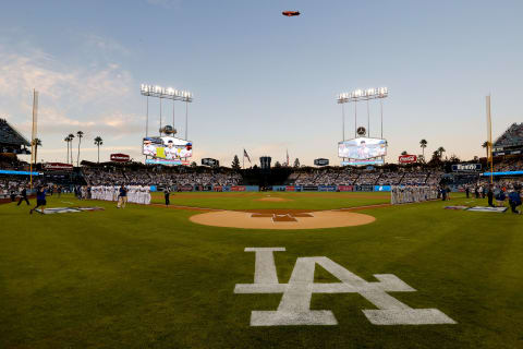 LOS ANGELES, CA – OCTOBER 09: A general view during player introductions before game one of the National League Division Series between the Los Angeles Dodgers and the New York Mets at Dodger Stadium on October 9, 2015 in Los Angeles, California. (Photo by Sean M. Haffey/Getty Images)