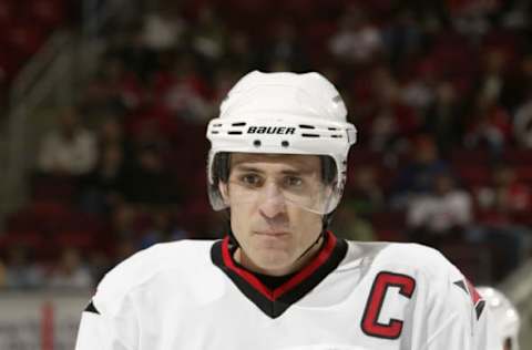 RALEIGH, NC – NOVEMBER 12: Center Ron Francis #10 of the Carolina Hurricanes looks on against the Phoenix Coyotes during the NHL game on November 12, 2002 at the RBC Center in Raleigh, North Carolina. The Hurricanes won 3-2. (Photo by Craig Jones/Getty Images/NHLI)