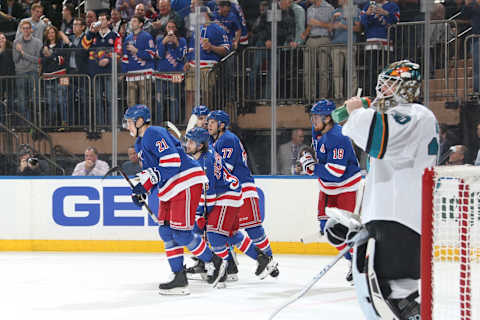 NEW YORK, NY – OCTOBER 11: Brett Howden #21 of the New York Rangers celebrates after scoring a goal in the first period against the San Jose Sharks at Madison Square Garden on October 11, 2018 in New York City. (Photo by Jared Silber/NHLI via Getty Images)