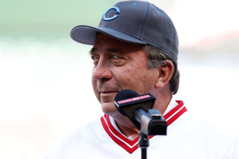 CINCINNATI, OH – JUNE 24: Cincinnati Reds great Johnny Bench speaks to the crowd during a ceremony recognizing the 1976 World Series Championship team before the start of the game between the Cincinnati Reds and the San Diego Padres at Great American Ball Park on June 24, 2016, in Cincinnati, Ohio. (Photo by Kirk Irwin/Getty Images)