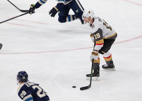 COLUMBUS, OH – NOVEMBER 05: Vegas Golden Knights right wing Reilly Smith (19) skates with the puck during the game between the Columbus Blue Jackets and the Vegas Golden Knights at Nationwide Arena in Columbus, Ohio on November 5, 2019. (Photo by Jason Mowry/Icon Sportswire via Getty Images)