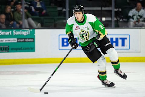 Center Aliaksei Protas #21 of the Prince Albert Raiders. (Photo by Christopher Mast/Getty Images)