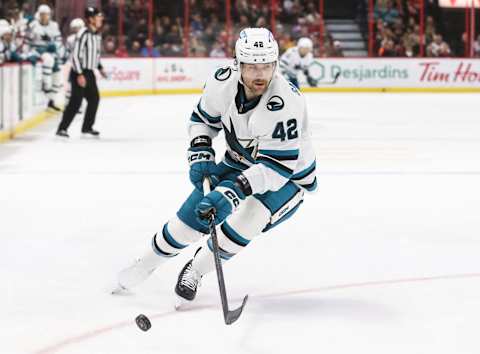 OTTAWA, CANADA – DECEMBER 03: Jonah Gadjovich #42 of the San Jose Sharks. Gadjovich is the prize Vancouver got with their draft pick handed to them for letting Columbus sign John Tortorella (Photo by Chris Tanouye/Freestyle Photography/Getty Images)