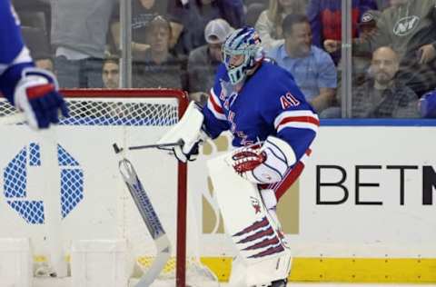 NEW YORK, NEW YORK – NOVEMBER 06: Jaroslav Halak #41 of the New York Rangers breaks his stick on the net after giving up the game-winning goal to Dominik Kubalik #81 of the Detroit Red Wings at Madison Square Garden on November 06, 2022, in New York City. The Red Wings defeated the Rangers 3-2 in overtime. (Photo by Bruce Bennett/Getty Images)