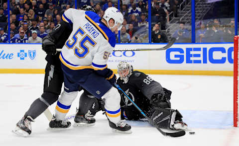 TAMPA, FLORIDA – FEBRUARY 07: Andrei Vasilevskiy #88 of the Tampa Bay Lightning stops a shot from Colton Parayko #55 of the St. Louis Blues at Amalie Arena on February 07, 2019 in Tampa, Florida. (Photo by Mike Ehrmann/Getty Images)