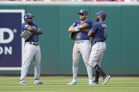 WASHINGTON, DC – APRIL 05: Manuel Margot #13, Jose Siri #22 and Randy Arozarena #56 of the Tampa Bay Rays celebrate a win after during a baseball game against the Washington Nationals at Nationals Park on April 5, 2023 in Washington, DC. (Photo by Mitchell Layton/Getty Images)