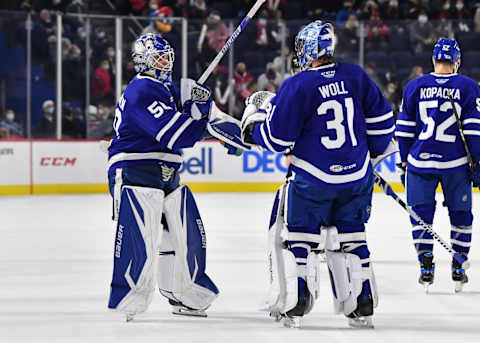 LAVAL, QC – OCTOBER 27: Erik Kallgren #50 of the Toronto Marlies (L) i . (Photo by Minas Panagiotakis/Getty Images)