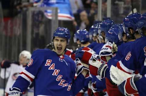 NEW YORK, NEW YORK – DECEMBER 27: Chris Kreider #20 of the New York Rangers celebrates his goal at 12:06 of the third period against the Columbus Blue Jackets at Madison Square Garden on December 27, 2018 in New York City. The Blue Jackets defeated the Rangers 3-2 in overtime. (Photo by Bruce Bennett/Getty Images)