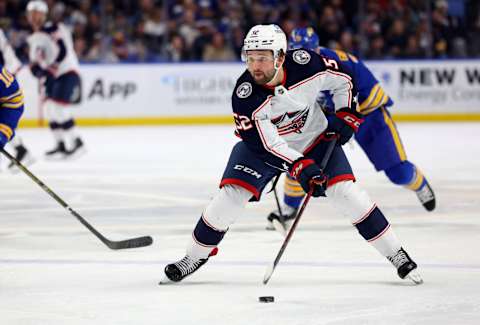 Feb 28, 2023; Buffalo, New York, USA; Columbus Blue Jackets right wing Emil Bemstrom (52) looks to make a pass during the first period against the Buffalo Sabres at KeyBank Center. Mandatory Credit: Timothy T. Ludwig-USA TODAY Sports