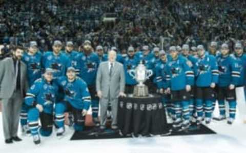 May 25, 2016; San Jose, CA, USA; The San Jose Sharks stand with the Clarence S. Campbell Bowl after defeating the St. Louis Blues 5-2 to win the Western Conference Finals of the 2016 Stanley Cup Playoffs at SAP Center at San Jose. Mandatory Credit: Kelley L Cox-USA TODAY Sports