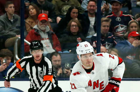 COLUMBUS, OH – JANUARY 16: Brett Pesce #22 of the Carolina Hurricanes controls the puck during the game against the Columbus Blue Jackets on January 16, 2020 at Nationwide Arena in Columbus, Ohio. Columbus defeated Carolina 3-2. (Photo by Kirk Irwin/Getty Images)