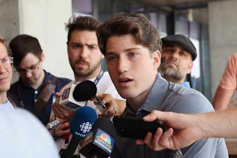 NASHVILLE, TENNESSEE – JUNE 27: NHL prospect Ryan Leonard speaks with the media at a press availability at AllianceBernstein Tower on June 27, 2023 in Nashville, Tennessee. (Photo by Bruce Bennett/Getty Images)